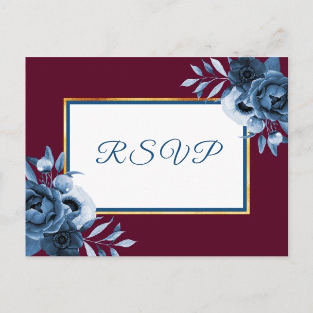 Cartão Postal De Convite Marinho azul floral Burgundy White RSVP casamento (Frente)