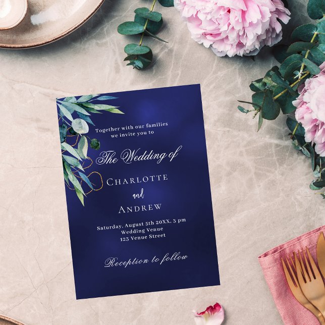 Cartão Postal De Convite Marinho azul verde elegante casamento (Criador carregado)