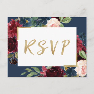 Cartão Postal De Convite Marinho Azul  Vermelho RSVP de Casamento