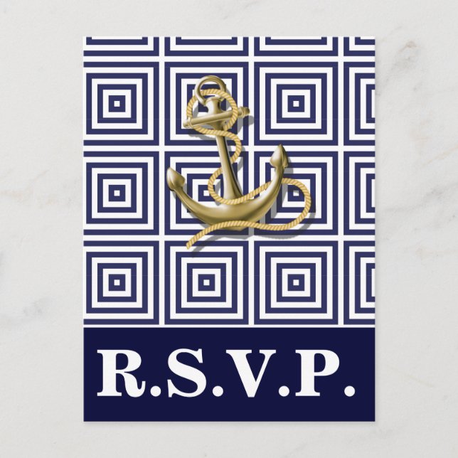 Cartão Postal De Convite Marinho Blue Standard anchor náutica rsvp (Frente)