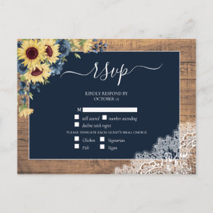 Cartão Postal De Convite Marinho Blue Sunflower Script Lace Wood Weding RSV