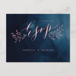 Cartão Postal De Convite Marinho blush calliografia rústica casamento flora