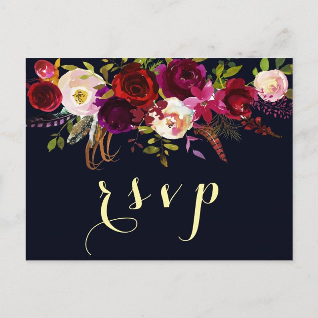 Cartão Postal De Convite Marinho Burgundy Marsala Rustic Boho Weding RSVP (Frente)