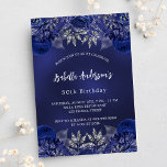 Cartão Postal De Convite Marinho de aniversário flores azuis elegantes<br><div class="desc">Um fundo azul marinho,  decorado com rosas azuis,  flores. A cor azul é irregular. Personalize e adicione um nome e detalhes da parte. Traseira: marinho azul e falso prata brilha.</div>