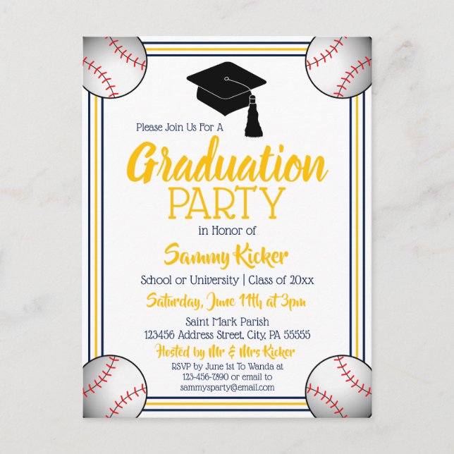 Cartão Postal De Convite Marinho de beisebol e Festa de formatura Dourada (Frente)