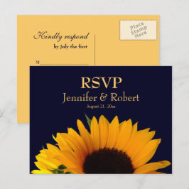 Cartão Postal De Convite Marinho de girassol alegre RSVP de Casamento Azul