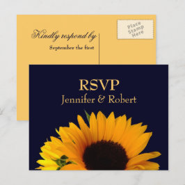 Cartão Postal De Convite Marinho de girassol alegre RSVP de Casamento Azul