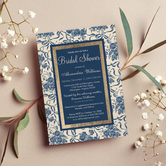 Cartão Postal De Convite Marinho de Ivory Moderno Chá de panela Floral (Modern Vintage Ivory Navy Floral Bridal Shower Invitation Postcard )