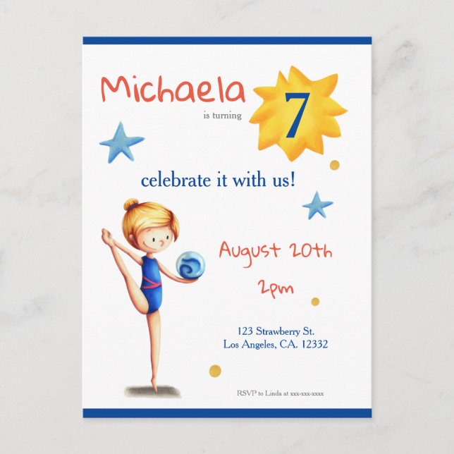 Cartão Postal De Convite Marinho e ginástica rítmica branca com bola (Frente)