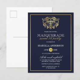 Cartão Postal De Convite Marinho Elegante Blue & Dourado Doce Festa 16