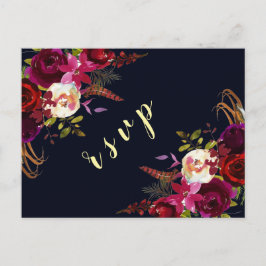 Cartão Postal De Convite Marinho Marsala Boho Floral Autumn WedRSVP