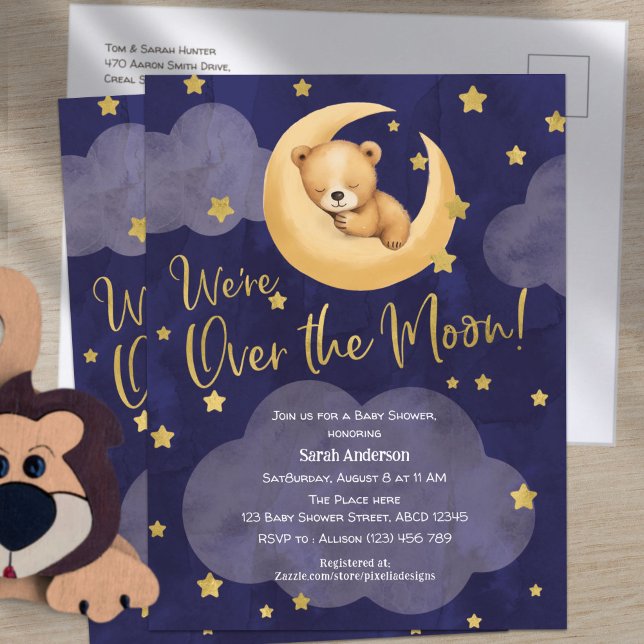 Cartão Postal De Convite Marinho Sobre a Lua Urso de Teddy Grelha Pequenas  (Teddy Bear, Over The moon Themed, Baby Shower postcard invitation.)