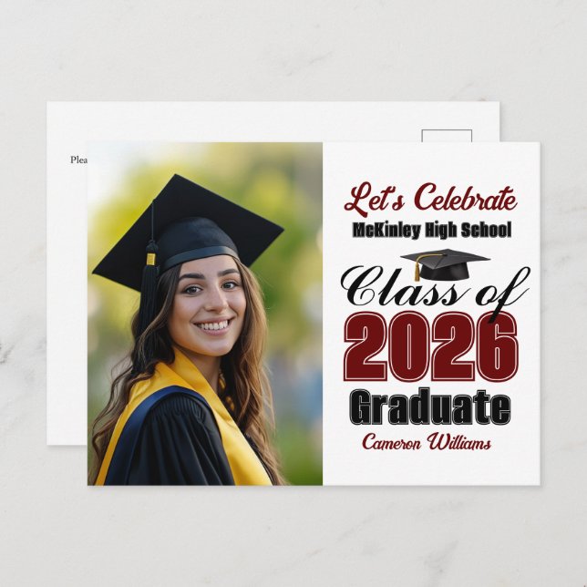 Cartão Postal De Convite Maroon Class of 2026 Photo Graduation Party (Frente/Verso)