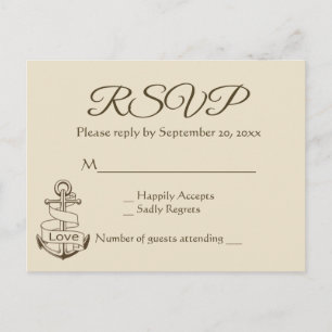 Cartão Postal De Convite Marrom Náutico RSVP Bege Âncora de Navio Casamento