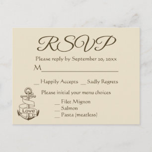 Cartão Postal De Convite Marrom Náutico RSVP Tan Âncora de Navio Casamento