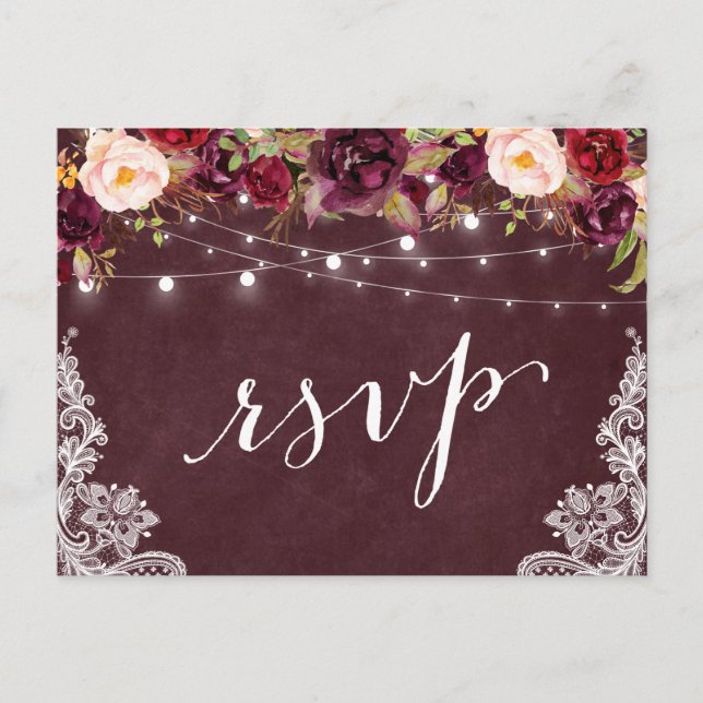 Cartão Postal De Convite Marsala Floral String Luzes Lace Casamento RSVP (Frente)