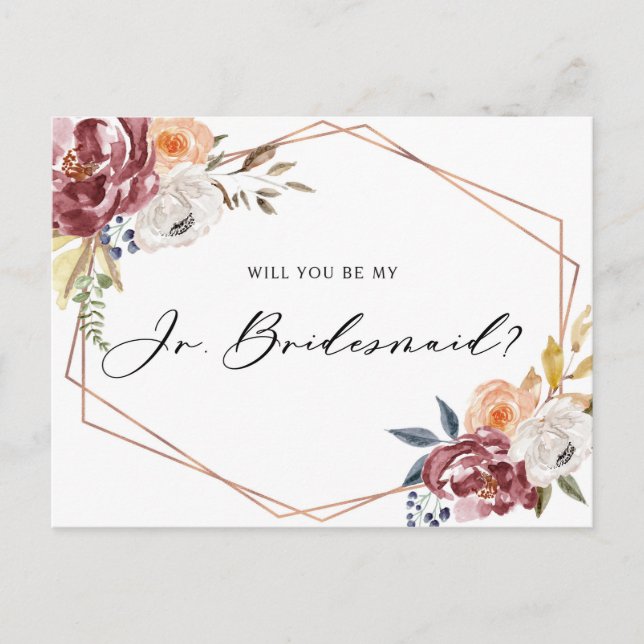 Cartão Postal De Convite Marsala Flores Geométricas Junior Bridesmaid Card (Frente)