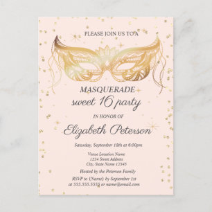 Cartão Postal De Convite Máscara de Renda Dourado Diamantes Sweet 16