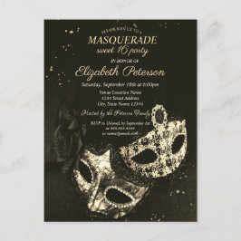 Cartão Postal De Convite Máscara Preta Chic, Mascarada Doce 16