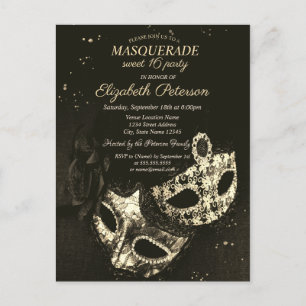 Cartão Postal De Convite Máscara Preta Chic, Mascarada Doce 16