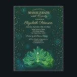 Cartão Postal De Convite Mascarada,Confetti Stars Green Masque Sweet 16<br><div class="desc">Másque Elegante e confete sobre fundo verde.</div>