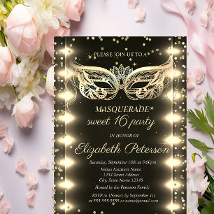Cartão Postal De Convite Mascarada Ouro Diamantes Luzes Sweet 16 
