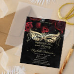 Cartão Postal De Convite Mascarada Rosa vermelha Gótico 16<br><div class="desc">Rosas vermelhas e máscara em fundo preto.</div>