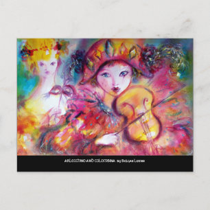 Cartão Postal De Convite Máscaras de Mascarada Veneziana ARLECCHINO E COLOM