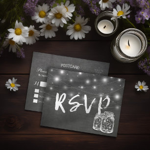 Cartão Postal De Convite Mason Jar & Luzes de Corda Quadro de Giz Casamento