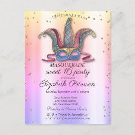 Cartão Postal De Convite Masque Colorido Diamantes Máscara Sweet 16