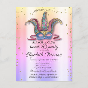Cartão Postal De Convite Masque Colorido Diamantes Máscara Sweet 16