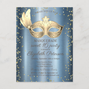 Cartão Postal De Convite Masque Diamantes Azul Metálico Sweet 16