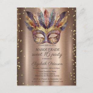 Cartão Postal De Convite Masque Penas Ouro Diamantes Cobre Doce 16