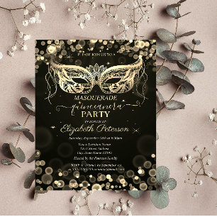 Cartão Postal De Convite Masquerade Bokeh Escuro Quinceañera