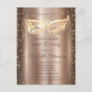 Cartão Postal De Convite Masquerade Dourado Diamantes Cobre Sweet 16