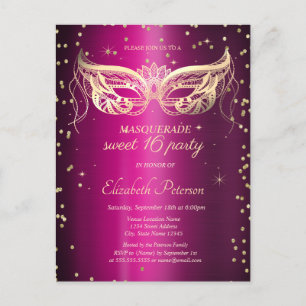 Cartão Postal De Convite Masquerade Dourado Diamantes Roxo Metálico Sweet 1
