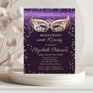 Cartão Postal De Convite Masquerade Dourado Diamantes Roxo Sweet 16
