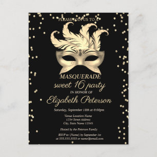 Cartão Postal De Convite Masquerade Gold Diamonds, Masque Sweet 16