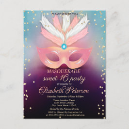 Cartão Postal De Convite Masquerade Gold Diamonds,Pink Masque Sweet 16