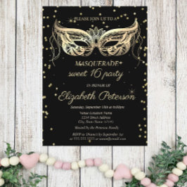 Cartão Postal De Convite Masquerade Gold Diamonds Sweet 16