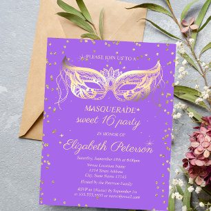 Cartão Postal De Convite Masquerade Gold Diamonds Violeta Doce 16