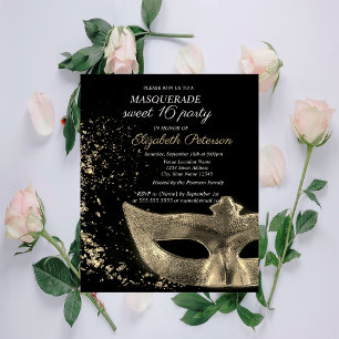 Cartão Postal De Convite Masquerade Gold Masque Preto Sweet 16