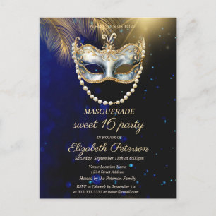 Cartão Postal De Convite Masquerade Masque Folhas Douradas Sweet 16
