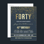 Cartão Postal De Convite Meia-noite | Partido Confetti aniversário de 40 an<br><div class="desc">Meia-noite | Convites a Cartão-Postal do aniversário de 40 anos Confetti Dourado. Este convite de aniversário formal, elegante, moderno, de quadragésimo é adequado para homens ou mulheres. Inclui linhas limpas de ouro, guião gótica em maiúsculas e na moda, e texto sofisticado de folha de ouro falso em fundo azul da...</div>