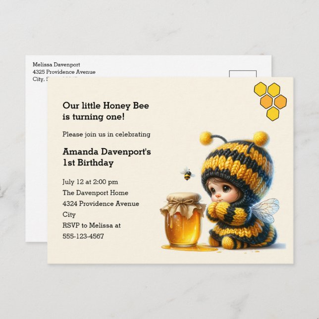 Cartão Postal De Convite Menina Bonita em Figurino de Abelhas com Aniversár (Frente/Verso)