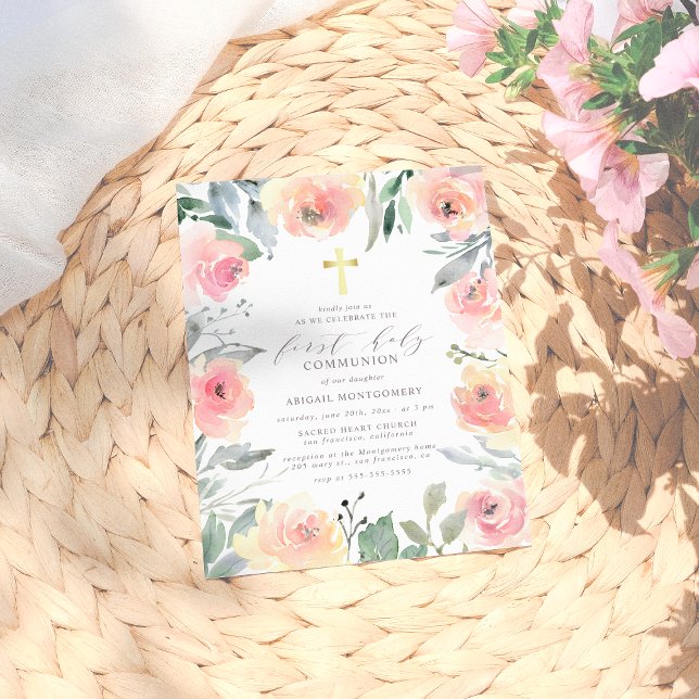 Cartão Postal De Convite Menina Dourada Cruz Rosa, Floral Primeira Comunhão (Criador carregado)