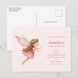 Cartão Postal De Convite Menina Fada Fofo de Vestido Rosa Aniversário