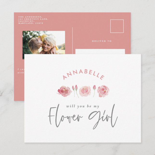 Cartão Postal De Convite Menina flor rosa menina água floral chic (Frente/Verso)