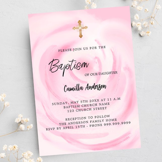Cartão Postal De Convite Menina floral rosa macia Baptism (Criador carregado)