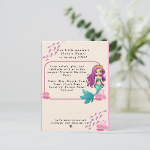 Cartão Postal De Convite Menina Primeira Festa de aniversário Sereia